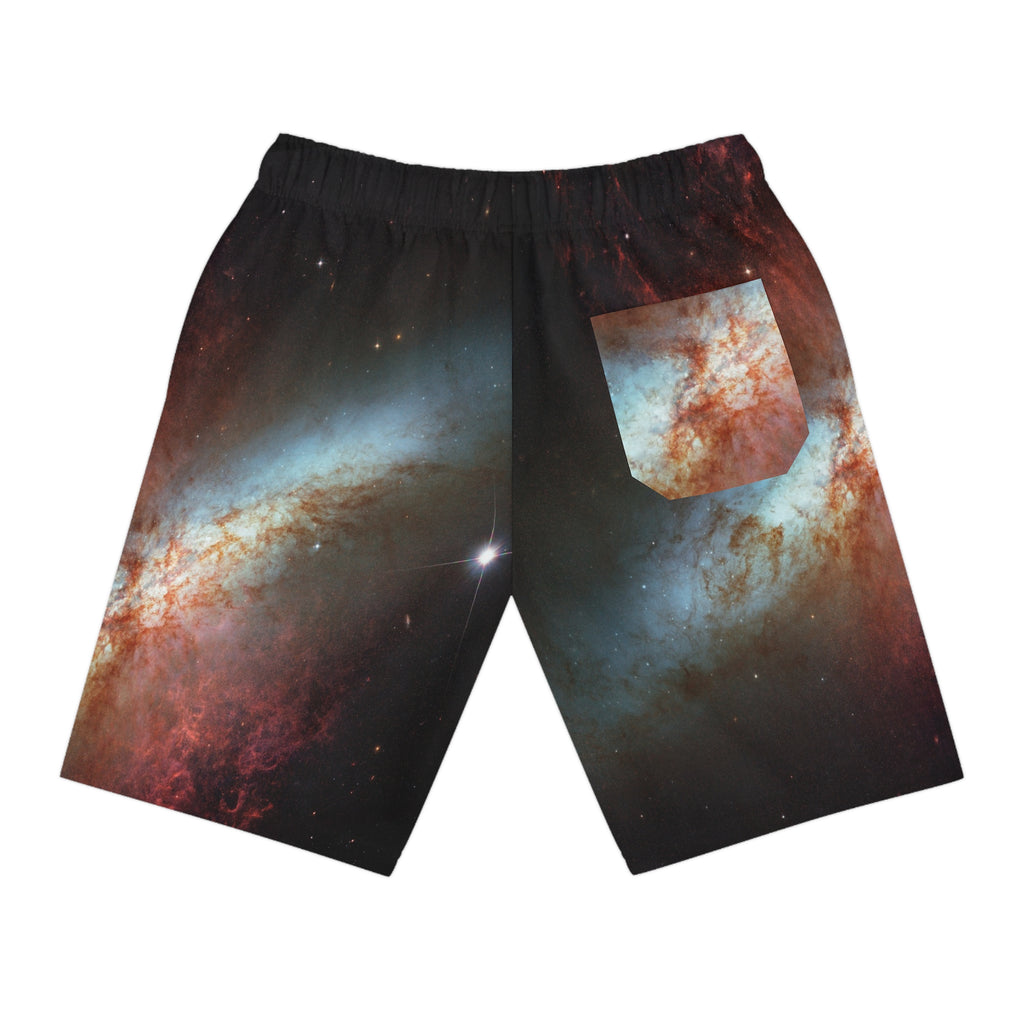 Galaxy Print Athletic Long Shorts — Cosmic Space Pattern with Small Astronaut Emblem