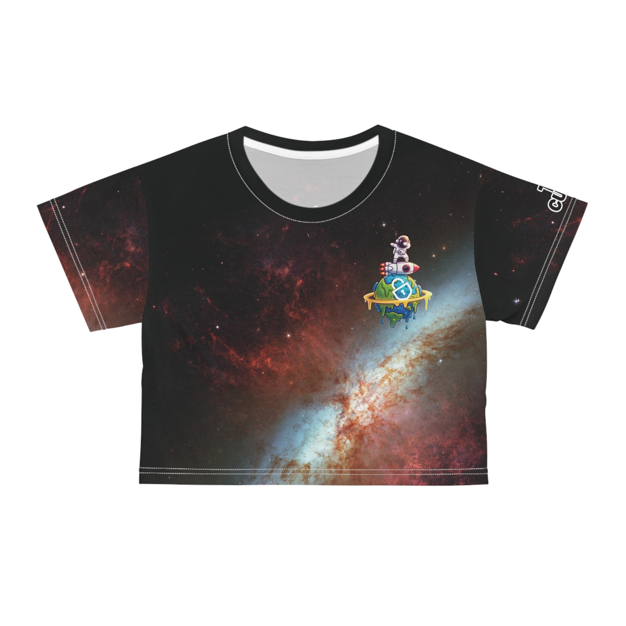 Galaxy Crop Tee — Cosmic Nebula All-Over Print with Vertical Rune Accent