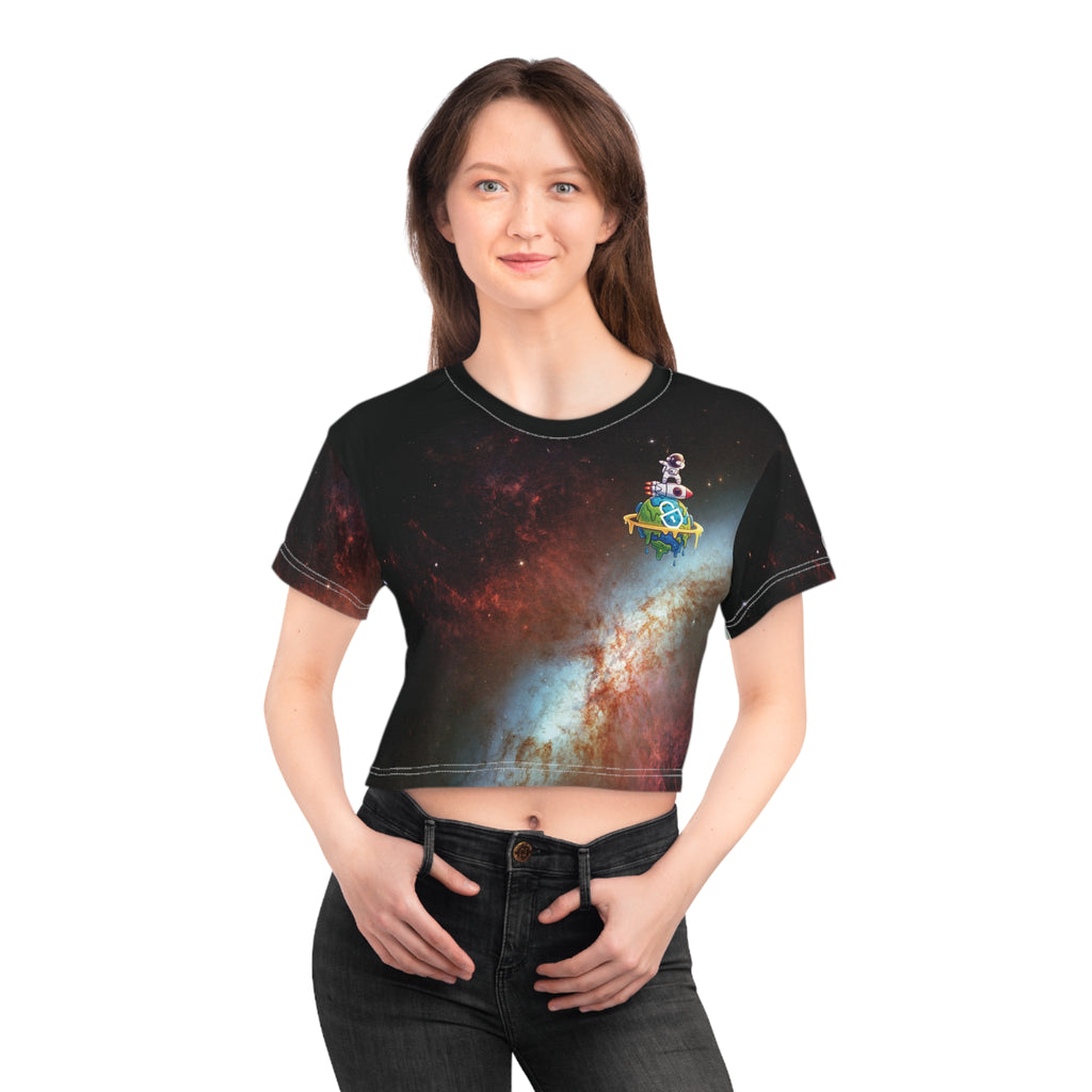 Galaxy Crop Tee — Cosmic Nebula All-Over Print with Vertical Rune Accent