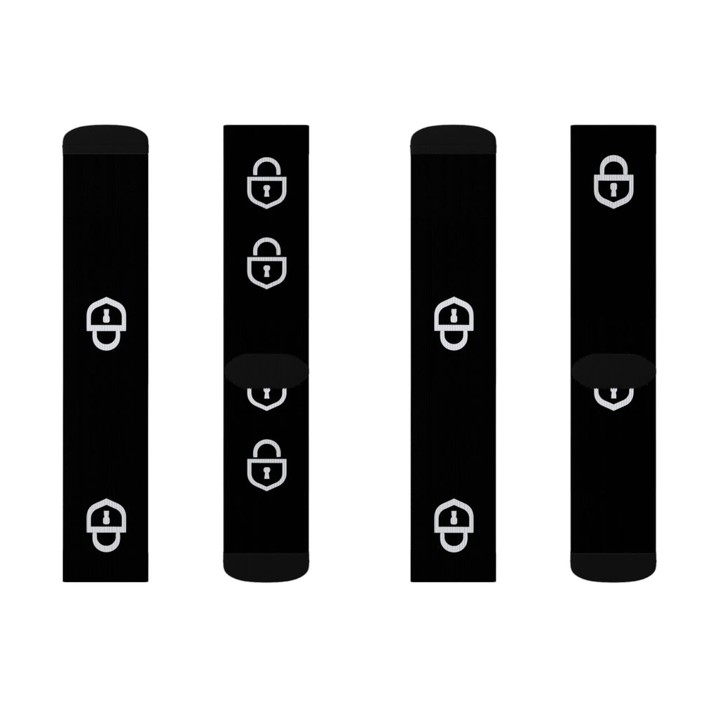 Black Sublimation Socks with White Lock Pattern — Trendy Everyday Crew Socks