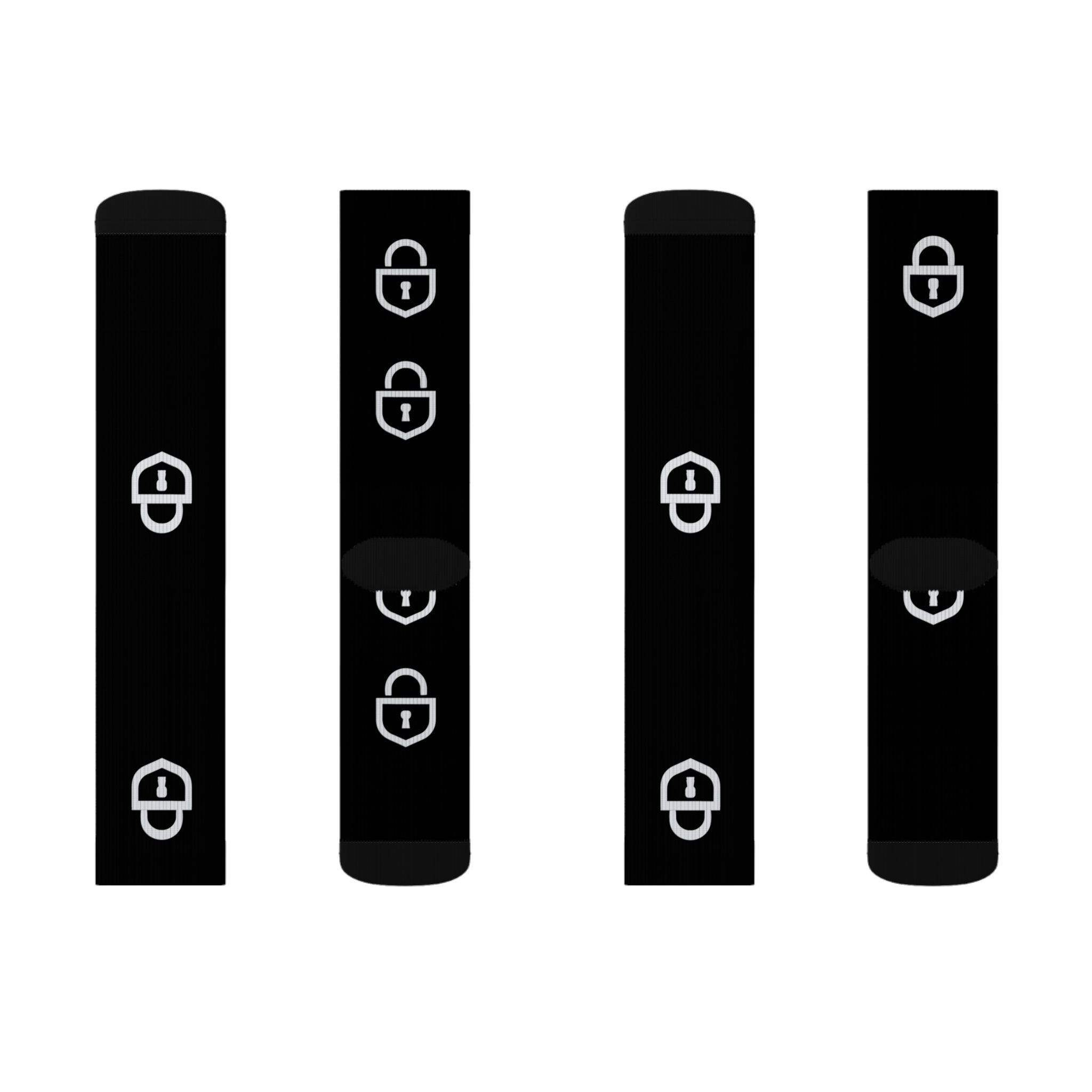 Black Sublimation Socks with White Lock Pattern — Trendy Everyday Crew Socks