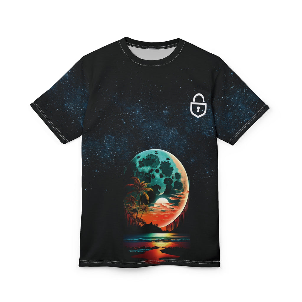 Moonlit Tropical Sunset Tee — Neon Beach Landscape T-Shirt