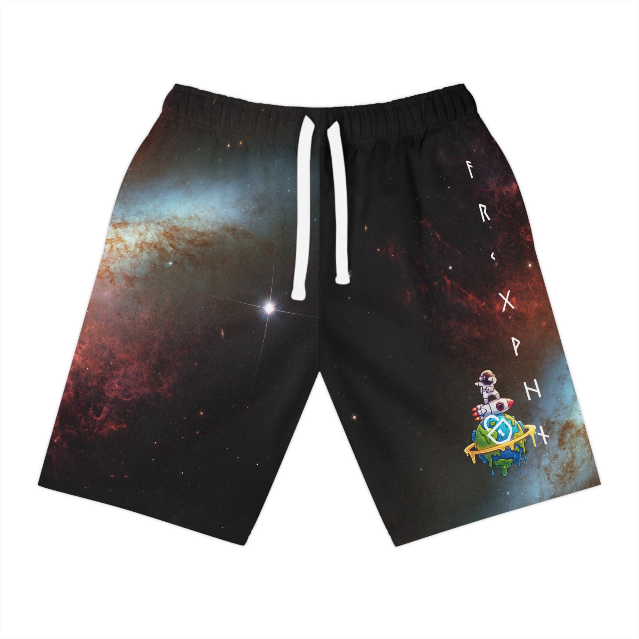 Galaxy Print Athletic Long Shorts — Cosmic Space Pattern with Small Astronaut Emblem