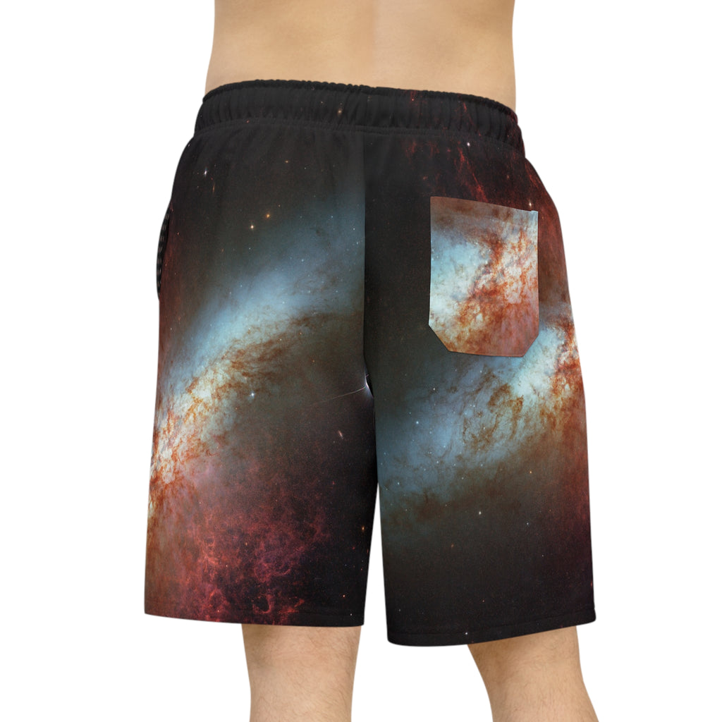 Galaxy Print Athletic Long Shorts — Cosmic Space Pattern with Small Astronaut Emblem