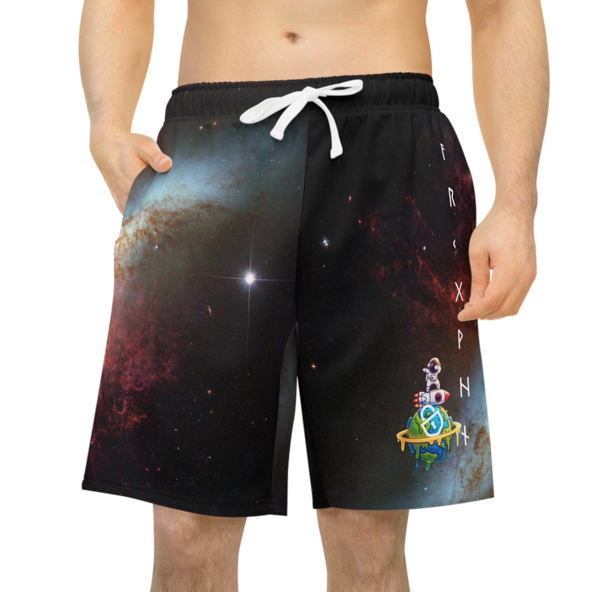 Galaxy Print Athletic Long Shorts — Cosmic Space Pattern with Small Astronaut Emblem