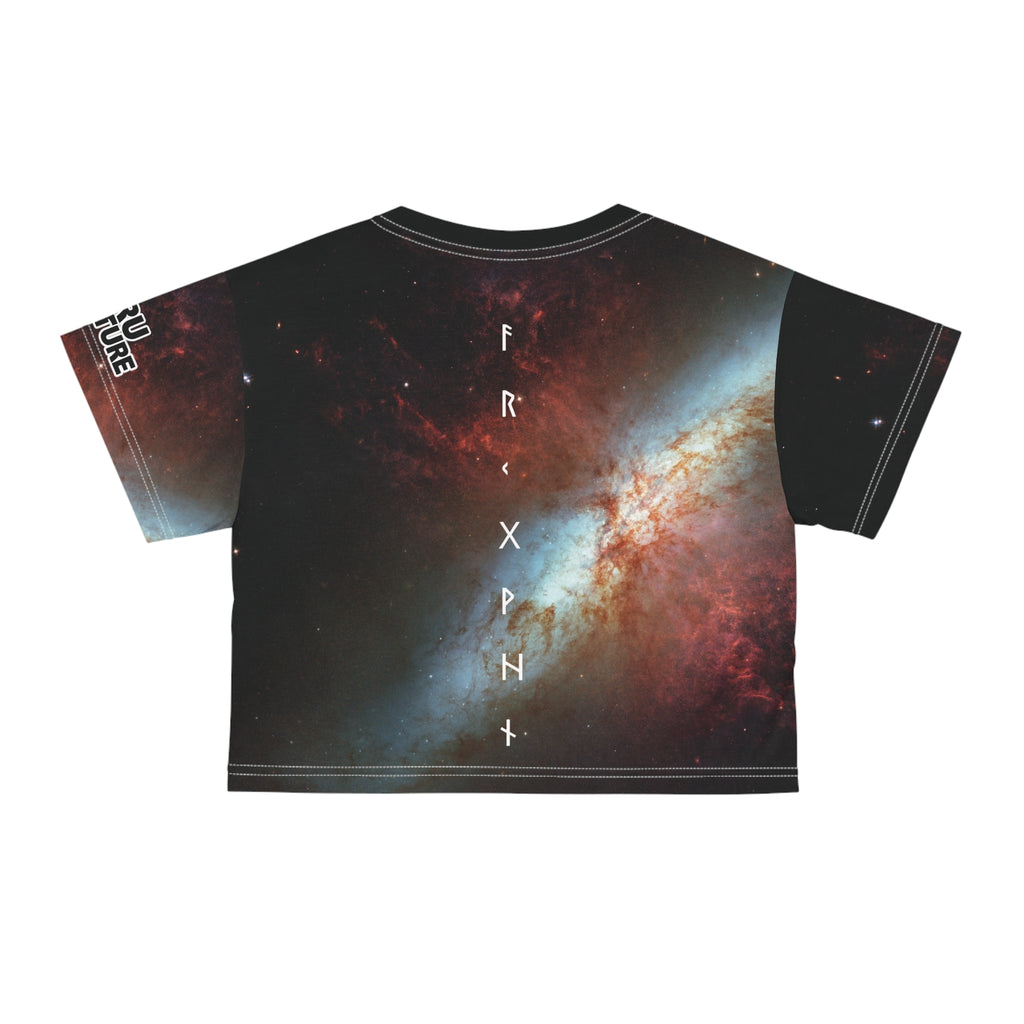 Galaxy Crop Tee — Cosmic Nebula All-Over Print with Vertical Rune Accent