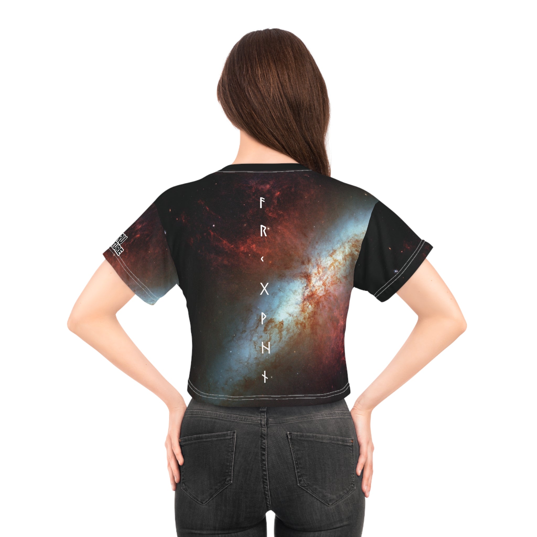 Galaxy Crop Tee — Cosmic Nebula All-Over Print with Vertical Rune Accent