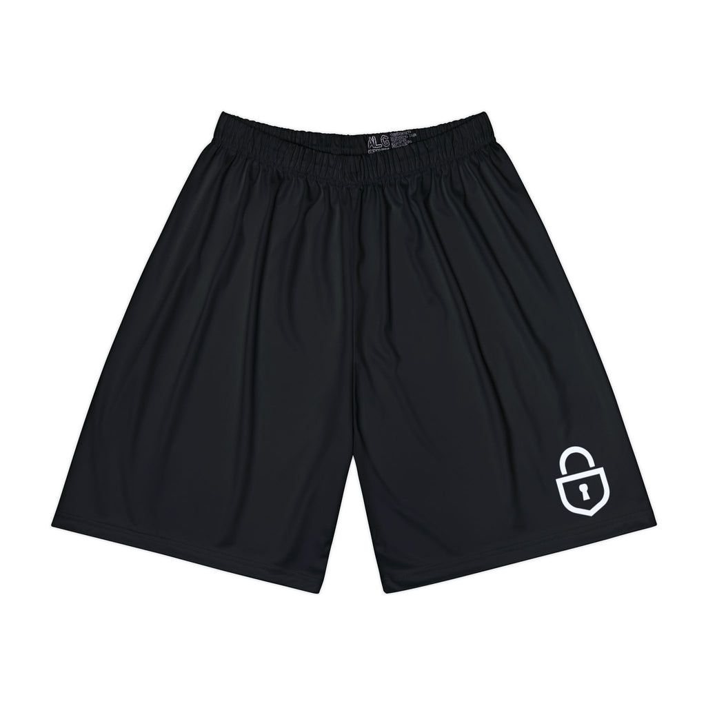 Lock & Bones Athletic Shorts — Men’s Black Basketball Shorts with Gold Padlock Graphic