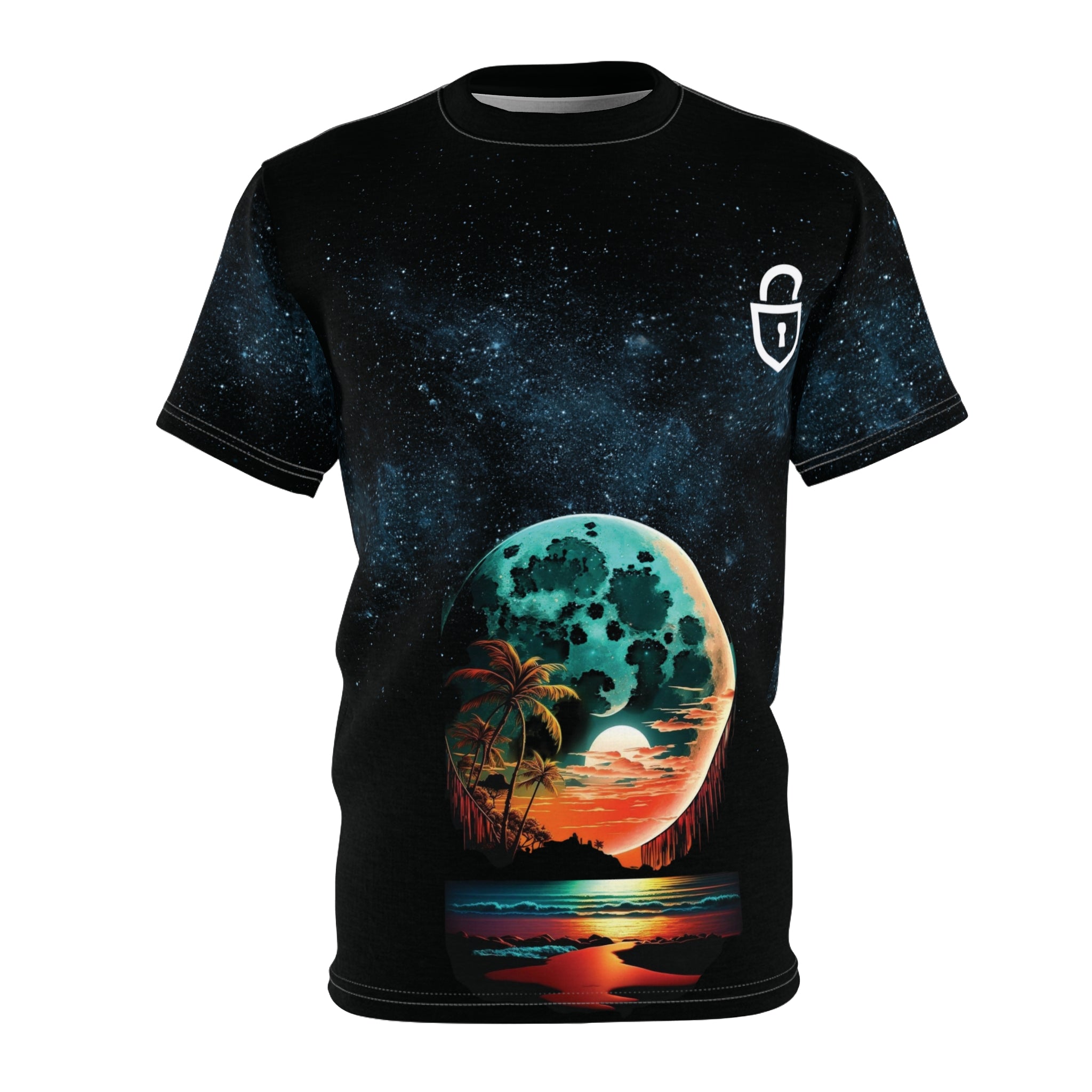 Moonlit Tropical Sunset Tee — Neon Beach Landscape T-Shirt
